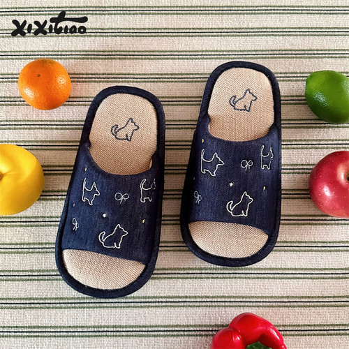 细细条ins刺绣小狗棉麻拖鞋女