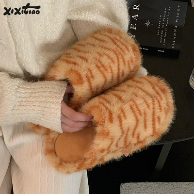 细细条可爱橘猫纹毛毛鞋女
