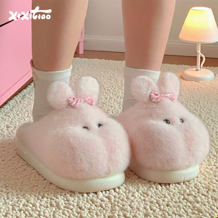 细细条 少女心居家毛毛鞋 防滑保暖ins软萌小肥兔棉拖鞋 女 学生冬季
