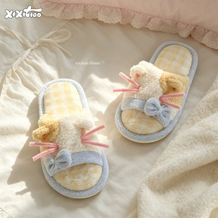 细细条 拼色蝴蝶结猫咪毛毛拖鞋女软底日系软妹居家秋冬一字棉拖