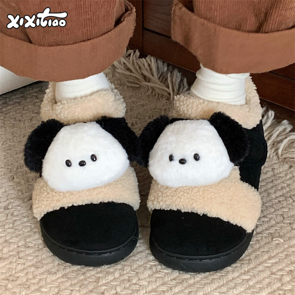 细细条创意可爱小狗魔术贴棉鞋