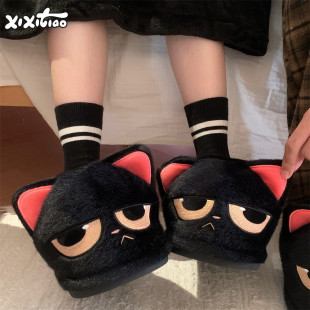 细细条 ins生气小黑猫毛毛鞋 男女平底防滑包头秋冬居家情侣棉拖鞋
