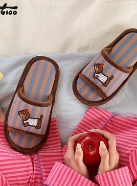 细细条 苹果小狗棉麻拖鞋男女趣味居家吸汗情侣春夏空调房地板鞋