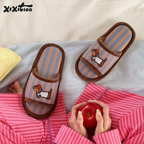 细细条苹果小狗棉麻拖鞋男女