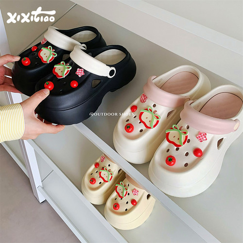 细细条增高户外红苹果洞洞鞋