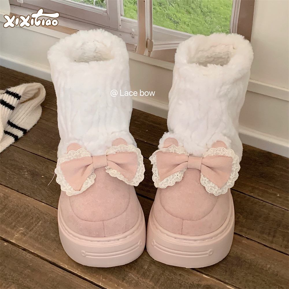 细细条甜美花边蝴蝶结雪地靴