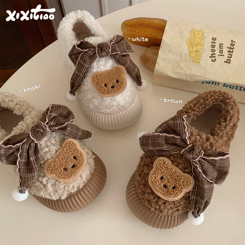细细条韩系蝴蝶结小熊羊羔毛棉鞋
