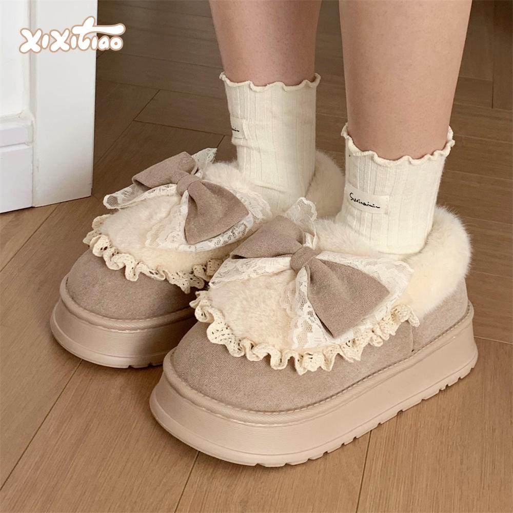 细细条洛丽塔可爱蝴蝶结棉鞋