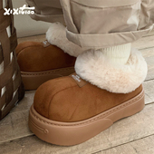 外穿加绒加厚保暖毛绒绒短靴东北棉鞋 细细条 软厚底雪地靴女冬季