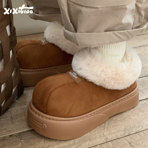 细细条厚底雪地靴毛绒领口棉鞋