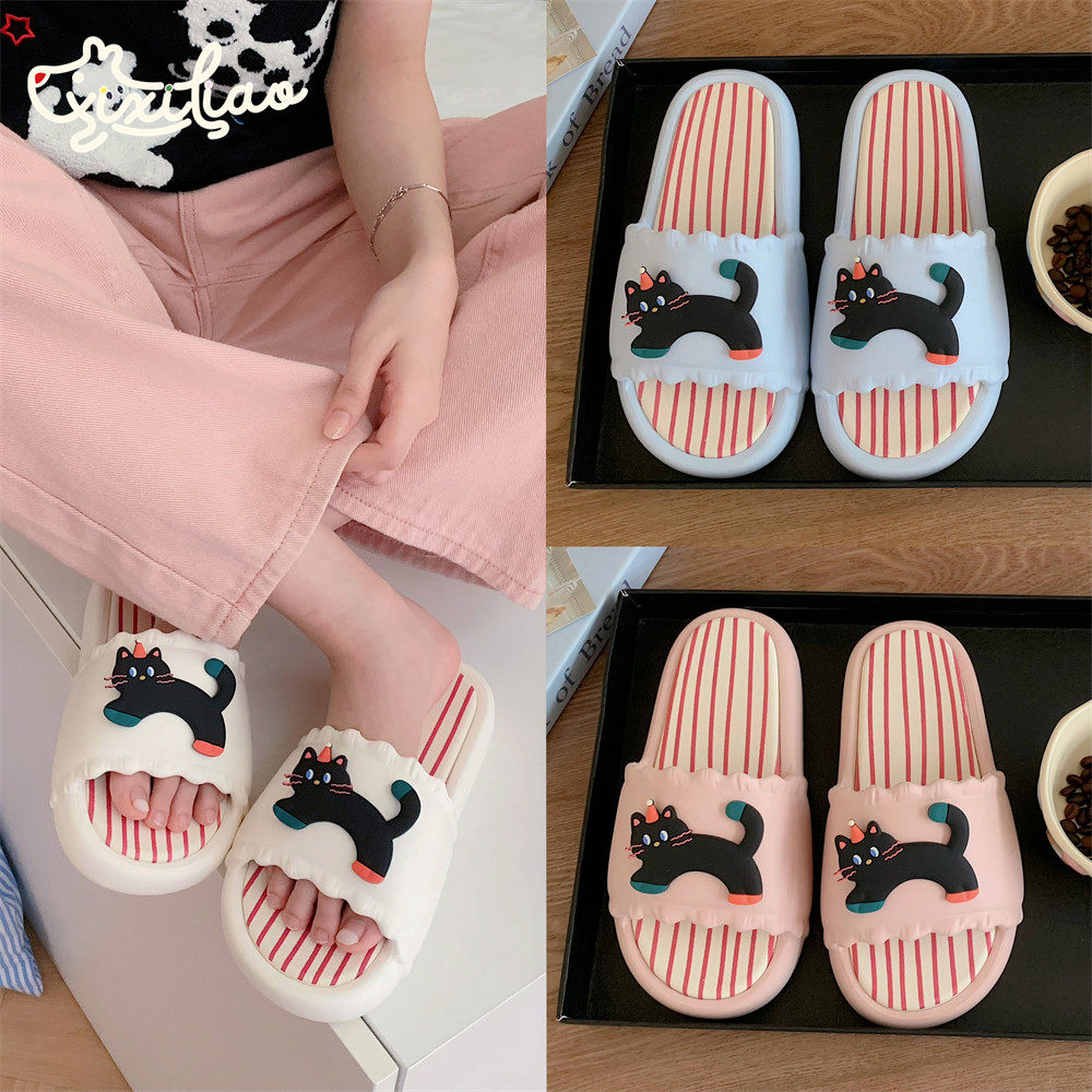 细细条 创意条纹一字拖鞋女外穿防滑夏季趣味黑色小猫拼色凉拖鞋,女鞋,一字拖,淘宝优惠券,粉丝福利购,淘宝优惠卷