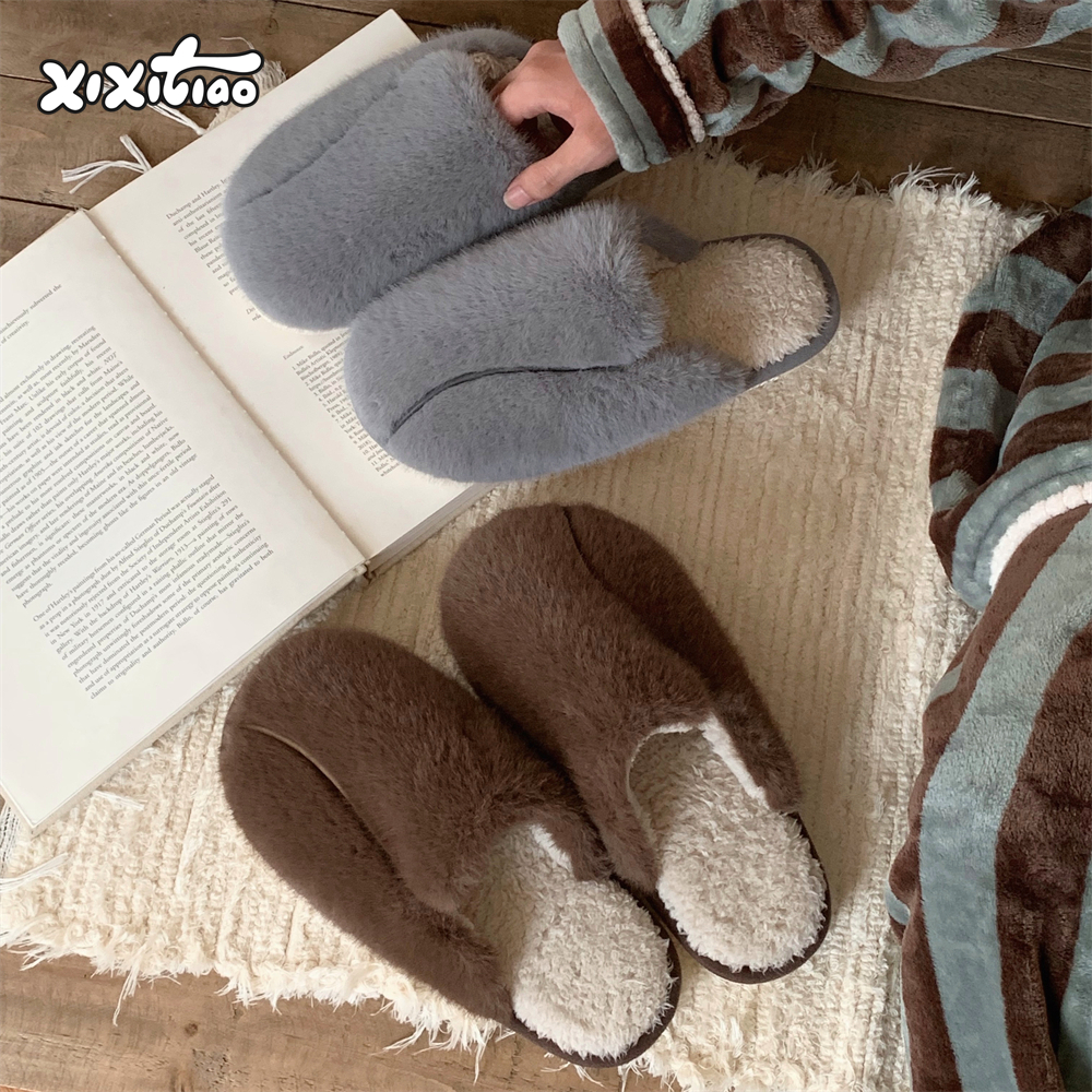 细细条 男士室内休闲防滑保暖包头毛毛鞋日系简约拼色冬季棉拖鞋