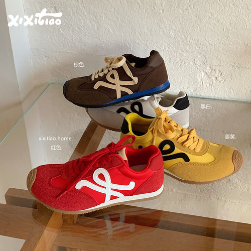 细细条复古撞色休闲德训鞋女