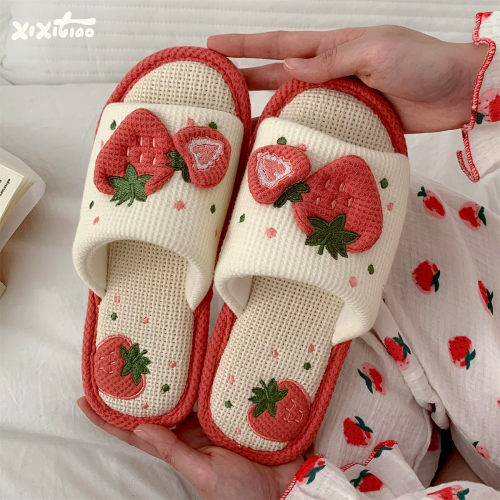 细细条少女心草莓亚麻拖鞋