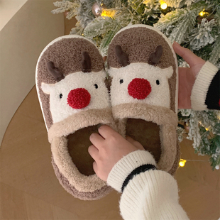女冬室内保暖防滑情侣毛毛鞋 棉拖鞋 网红可爱圣诞麋鹿男士 细细条