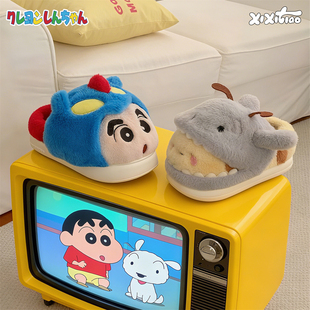 可爱蜡笔小新毛毛月子鞋 男女居家防滑情侣冬季 鲨bee棉拖鞋 细细条