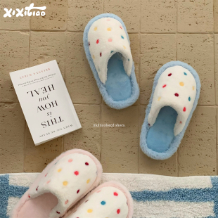 女轻便防滑网红秋冬居家包头毛毛鞋 细细条 多巴胺彩色波点棉拖鞋