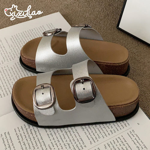 细细条高级感银色双带凉拖鞋