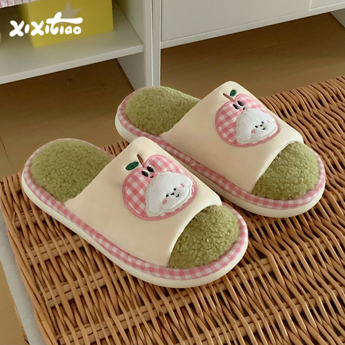 细细条可爱苹果小狗一字棉拖鞋