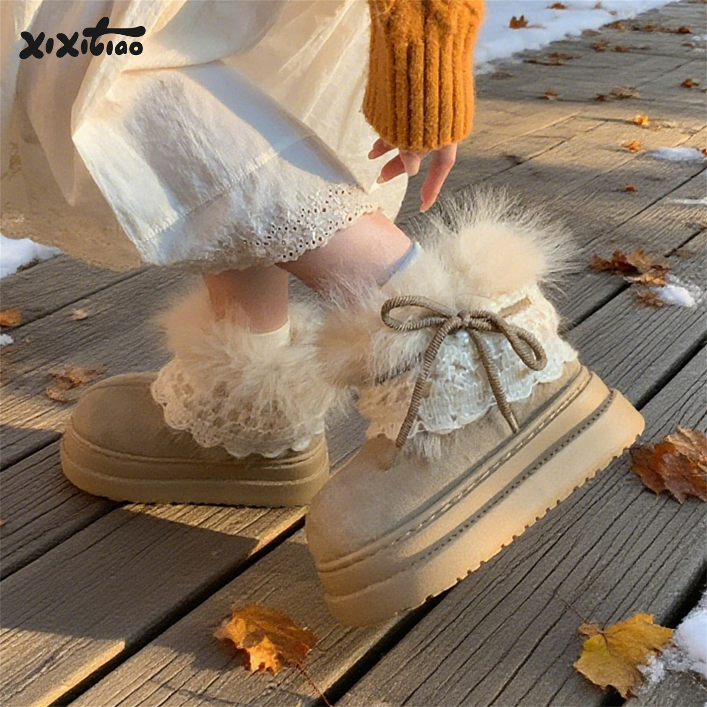 细细条费尔岛毛毛雪地靴女冬