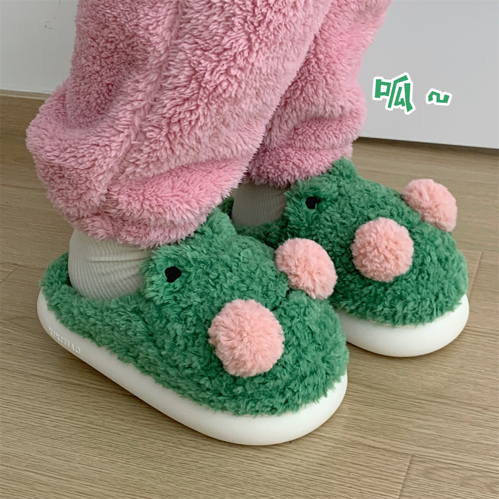 细细条网红可爱腮红青蛙棉拖鞋