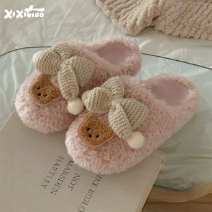 冬 女家用保暖防滑足弓支撑毛毛鞋 细细条 少女心蝴蝶结小熊棉拖鞋