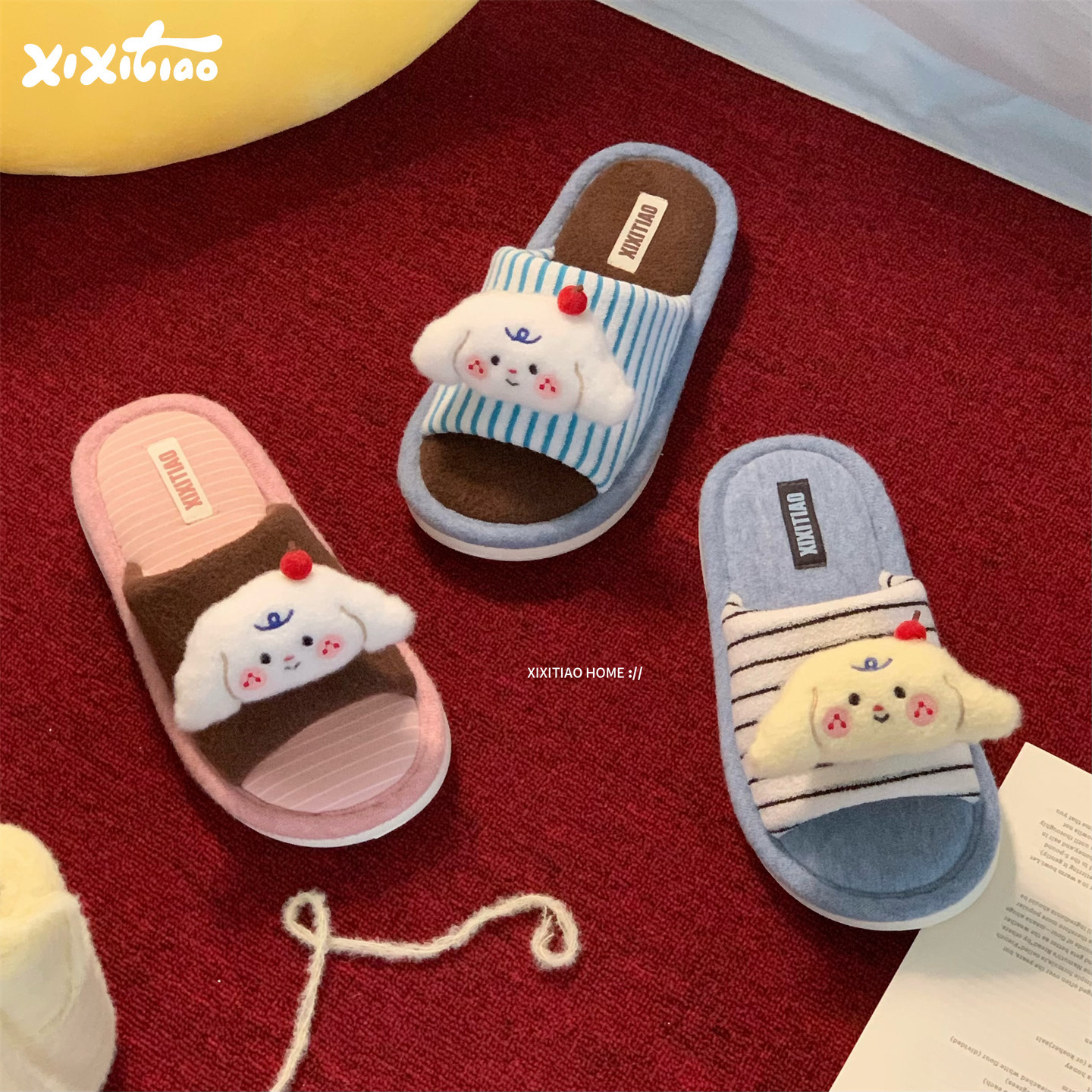 细细条韩系樱桃小狗居家地板鞋