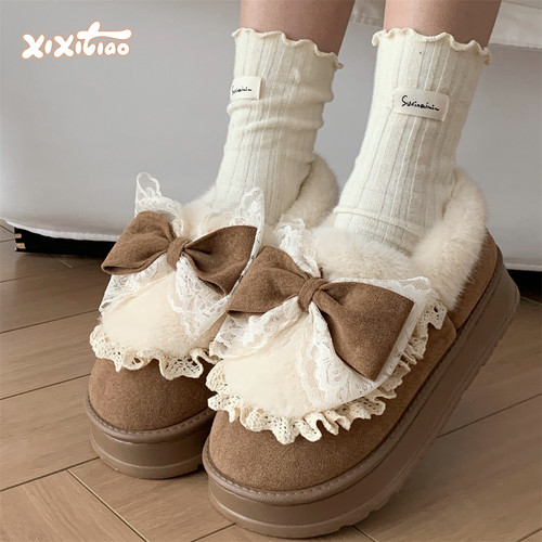 细细条甜美蝴蝶结毛绒雪地靴