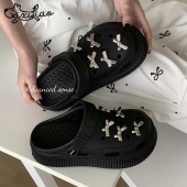 新款 女创意银色蝴蝶结夏季 包头凉拖 增高厚底高级感洞洞鞋 细细条