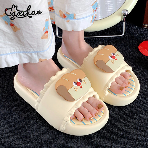 细细条可爱吐司面包花边凉拖鞋