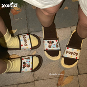 外穿居家防滑软底夏季 细细条 情侣日系彩点小狗拖鞋 浴室凉拖男女