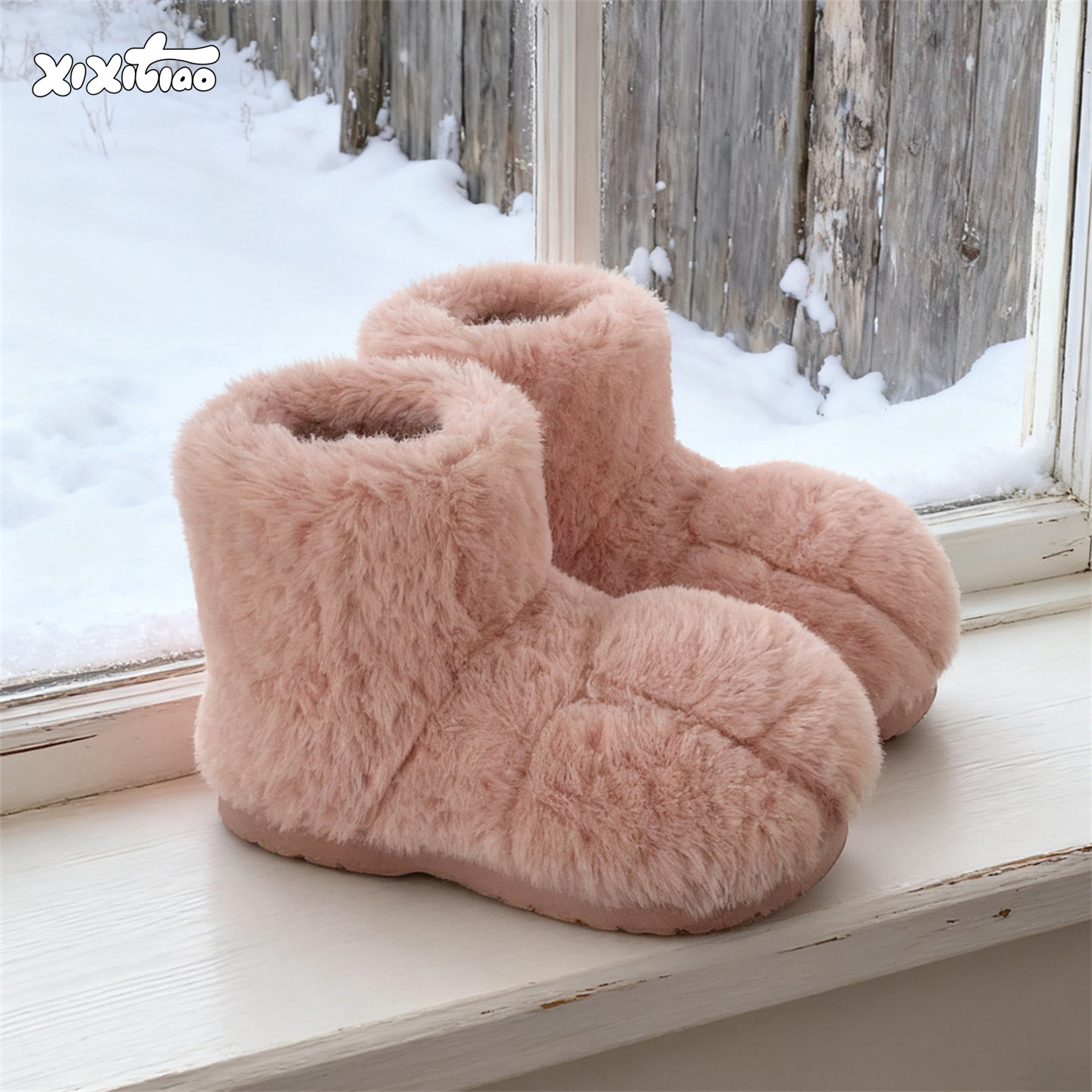 细细条加绒加厚猫爪毛毛靴女冬