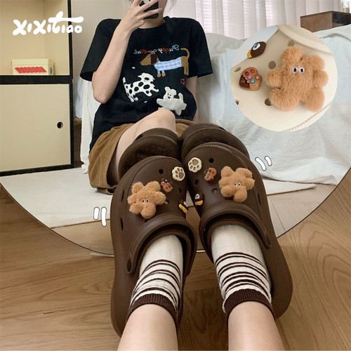 细细条趣味棕色小兔eva洞洞鞋