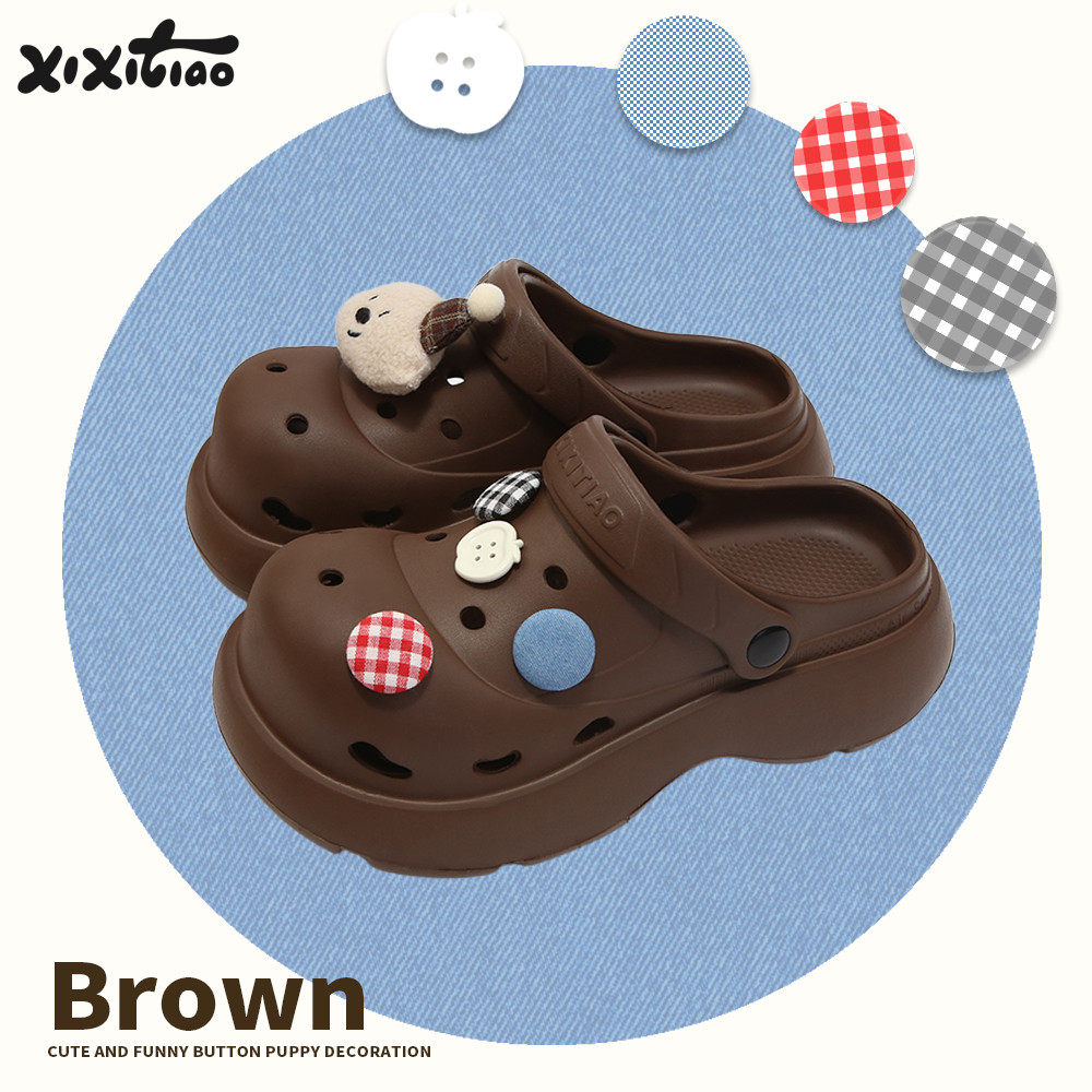 细细条 2025夏季新款趣味纽扣小狗拿铁色洞洞鞋eva女士厚底凉拖鞋,女鞋,洞洞鞋,淘宝优惠券,粉丝福利购,淘宝优惠卷