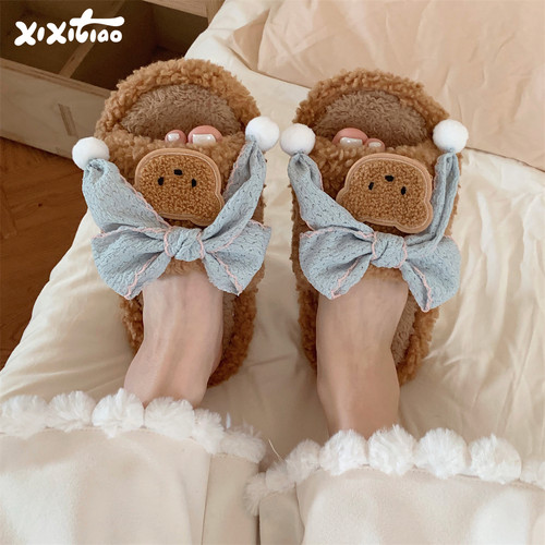 细细条软萌小熊居家一字棉拖鞋