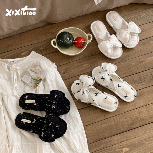 细细条网红蝴蝶结吸汗棉麻拖鞋