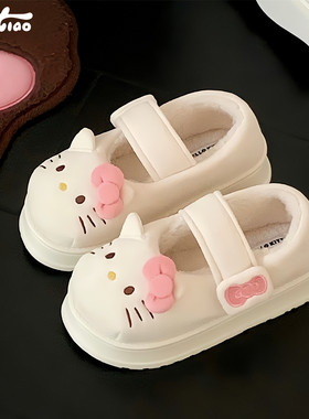 细细条 正版HelloKitty猫魔术贴棉鞋女秋冬外穿厚底玛丽珍豆豆鞋