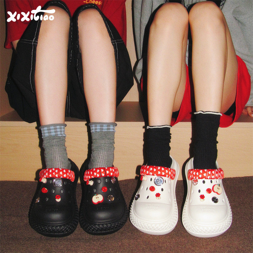 细细条厚底可爱红苹果洞洞鞋