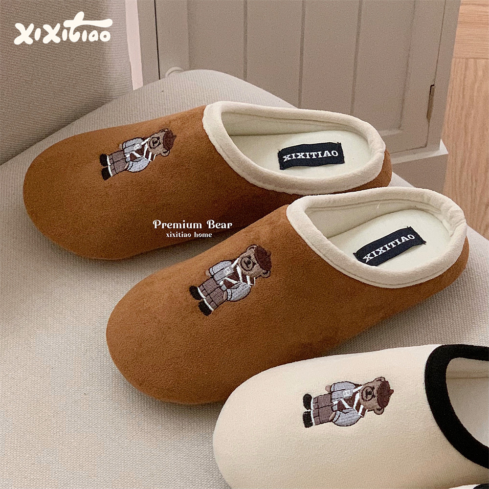 细细条创意刺绣小熊棉麻拖鞋