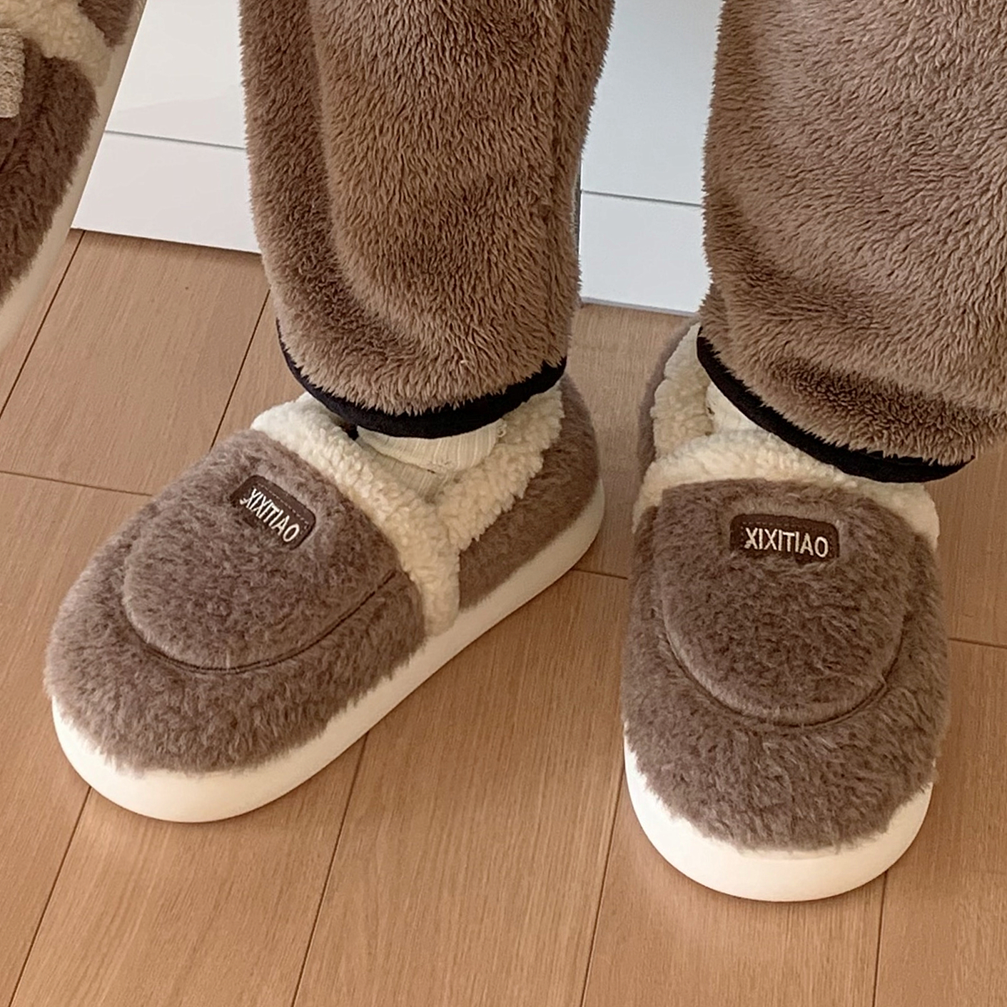 细细条防滑保暖全包跟男士棉拖鞋