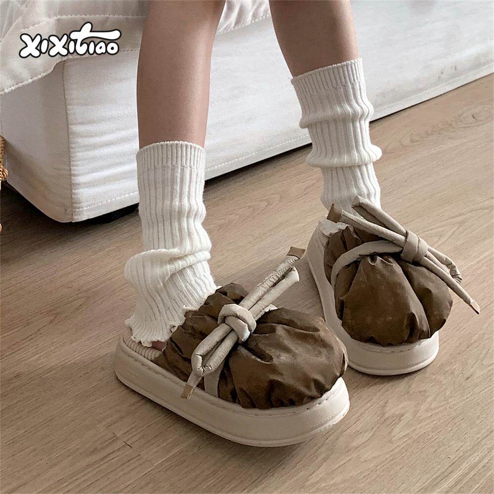 细细条 室内外时尚防滑厚底月子鞋女高级感复古蝴蝶结冬季棉拖鞋