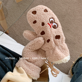 细细条 搞怪曲奇饼干毛绒手套女冬天创意挂脖骑车防寒连指手套ins