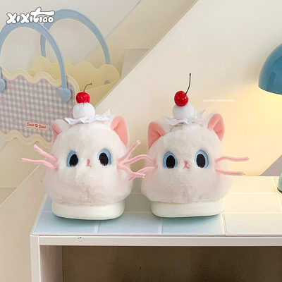 细细条樱桃蓝眼小猫爪棉拖鞋女