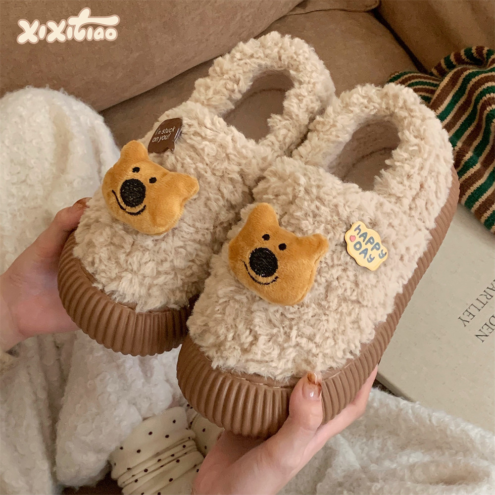 细细条可爱黑鼻小熊羊羔毛棉鞋