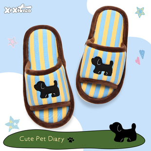 细细条 空调房吸汗地板鞋女趣味小黑狗春夏学生时尚居家棉麻拖鞋