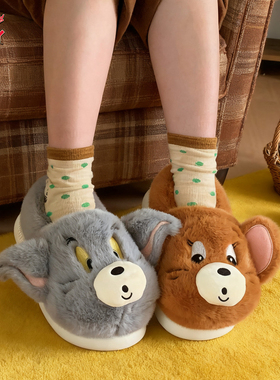 亲子ins正版猫和老鼠汤姆猫杰利鼠毛毛鞋冬季儿童居家棉拖鞋男女