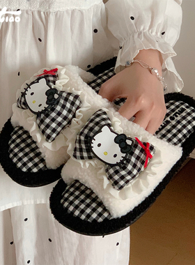 细细条 网红正版HelloKitty棉拖鞋女冬休闲居家防滑一字毛毛拖鞋