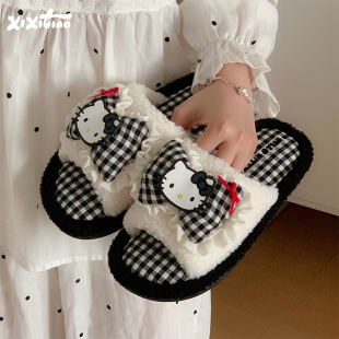 女冬休闲居家防滑一字毛毛拖鞋 HelloKitty棉拖鞋 网红正版 细细条
