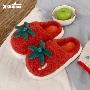 女士月子保暖室内居家厚底毛毛鞋 细细条 可爱番茄棉拖鞋 新款 冬季