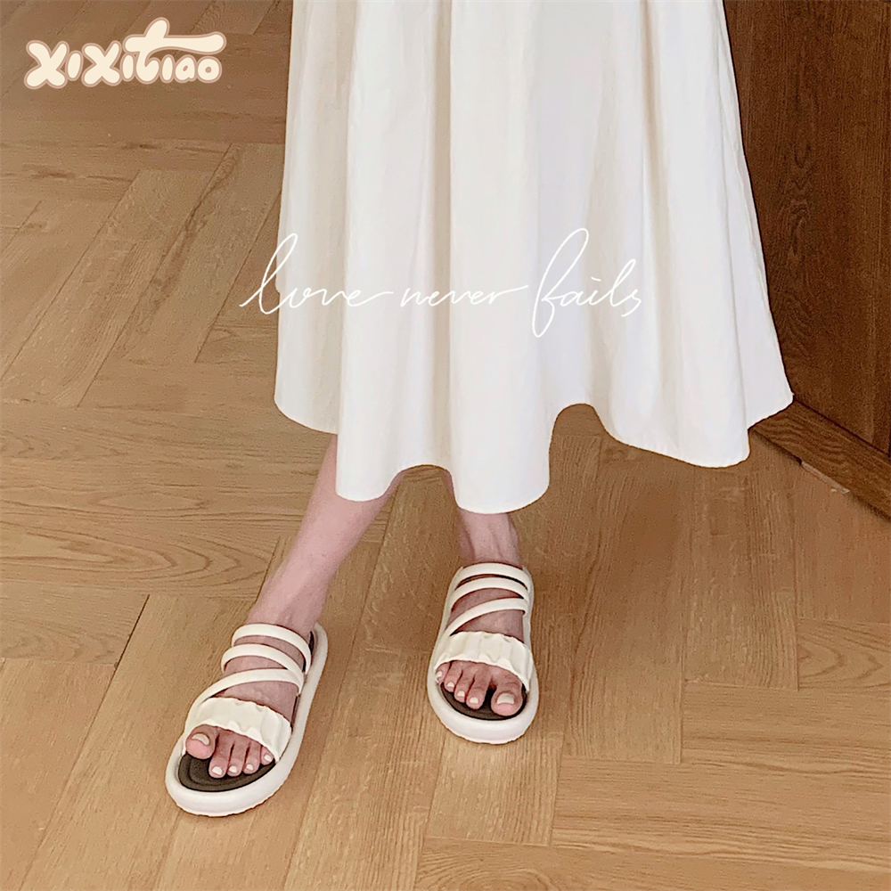 细细条时尚拼色海边度假凉拖鞋